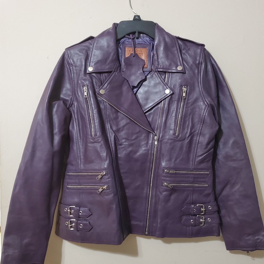 Genuine Lambskin Purple Leather Moto Jacket
